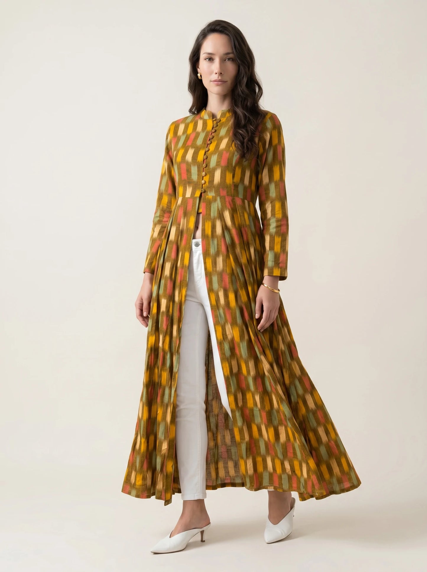 Multicolor Abstract Ikat Print Cotton Open-Front Maxi Dress | Summer Holiday Collection