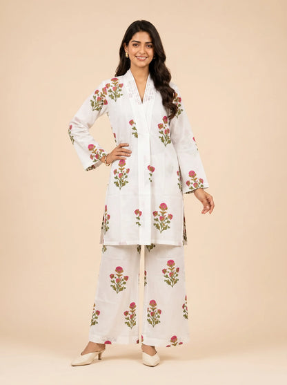 Rose Meadow Hand Block Printed Cotton Co-Ord Set for Women