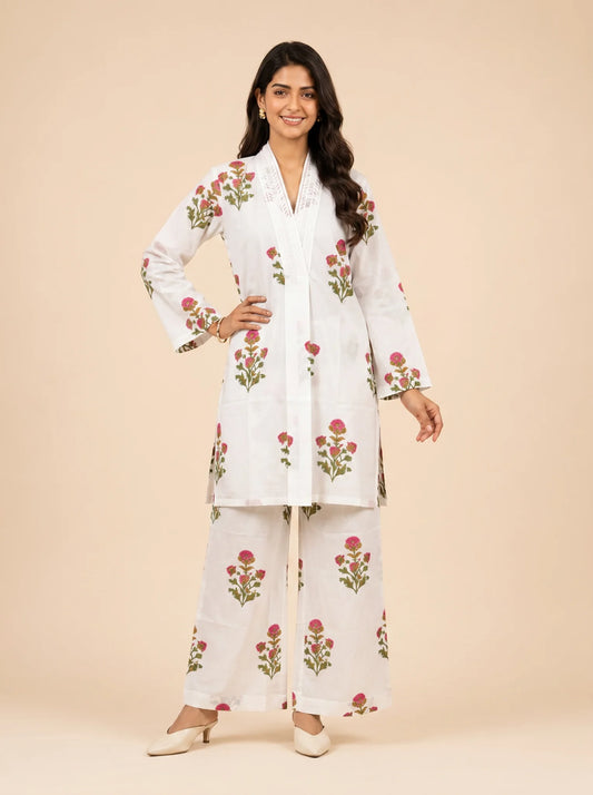 Rose Meadow Hand Block Printed Cotton Co-Ord Set for Women