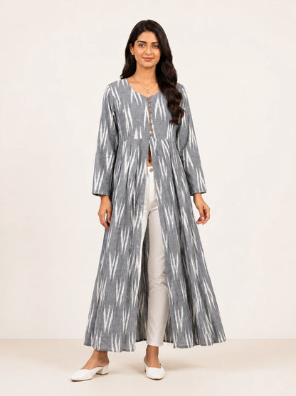 Grey Ikat Print Cotton Front Slit Maxi Dress for Women – Summer Holiday Collection