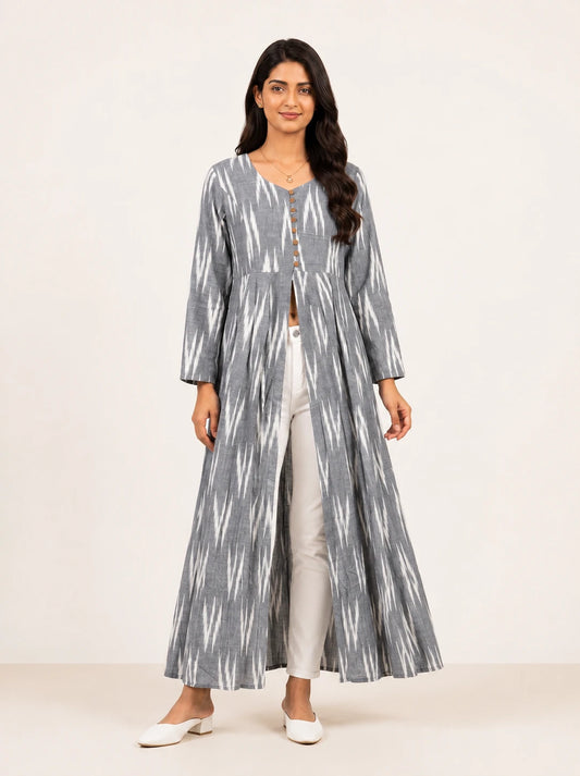 Grey Ikat Print Cotton Front Slit Maxi Dress for Women – Summer Holiday Collection