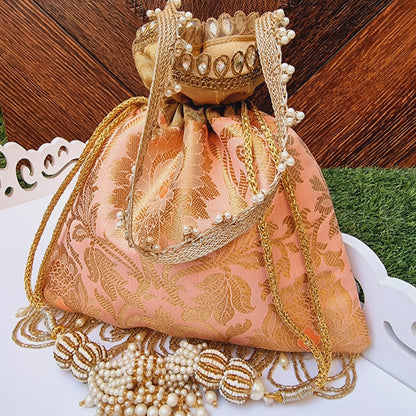 Brocade Silk Hand Potli / Hand Purse Peach and Gold - Urban Roots
