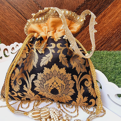 Brocade Silk Hand Potli / Hand Purse Black and Gold - Urban Roots