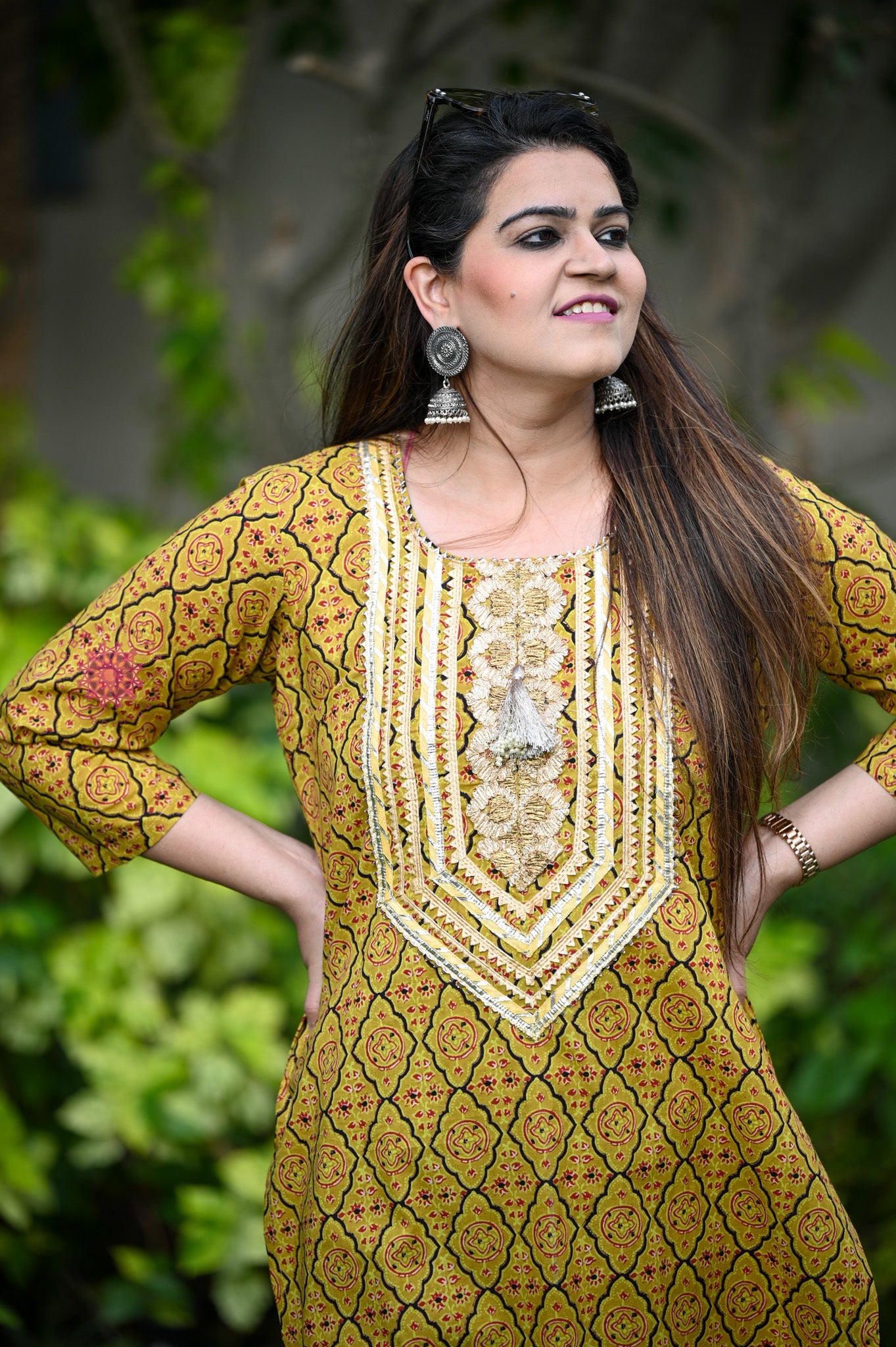 Block Printed Stitched Cotton Kurti With Gota / Lace Work