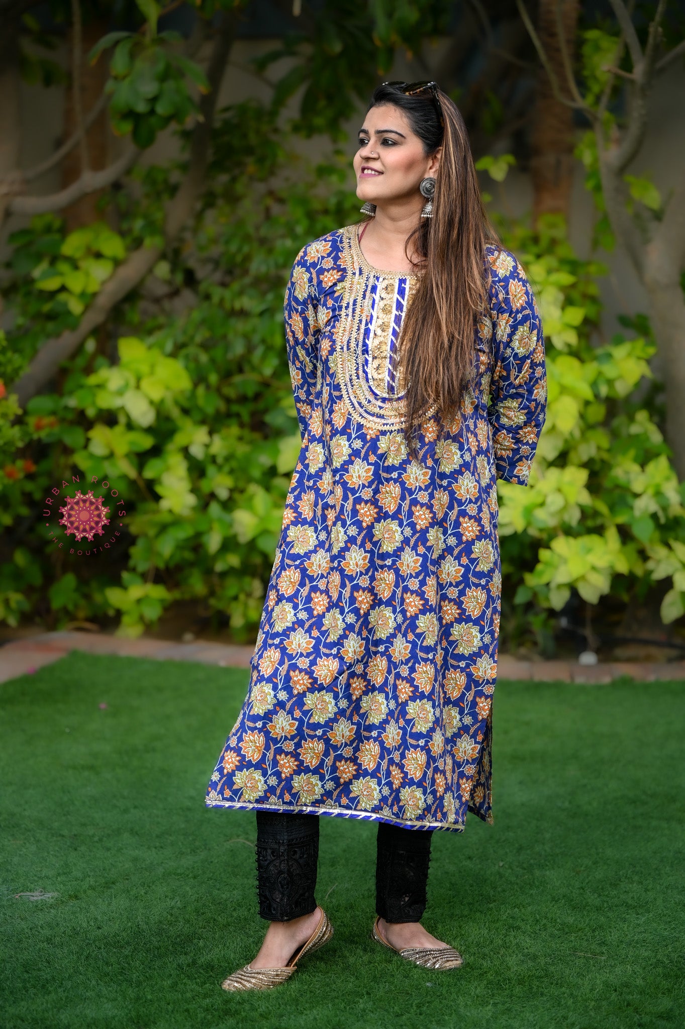 Block Printed Stitched Cotton Kurti With Gota / Lace Work