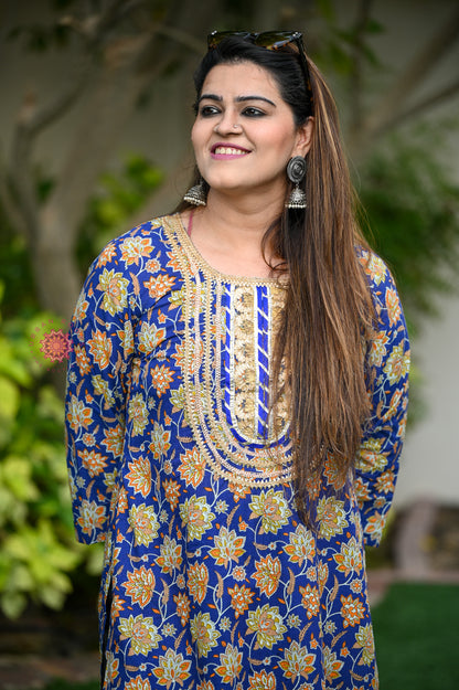 Block Printed Stitched Cotton Kurti With Gota / Lace Work