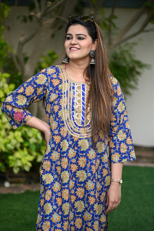 Block Printed Stitched Cotton Kurti With Gota / Lace Work