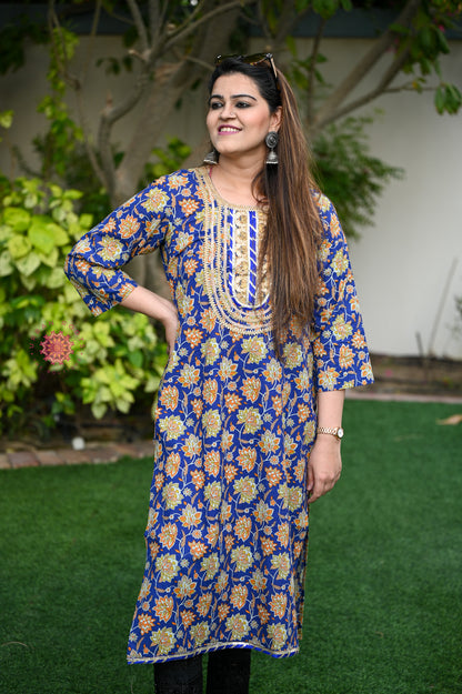 Block Printed Stitched Cotton Kurti With Gota / Lace Work