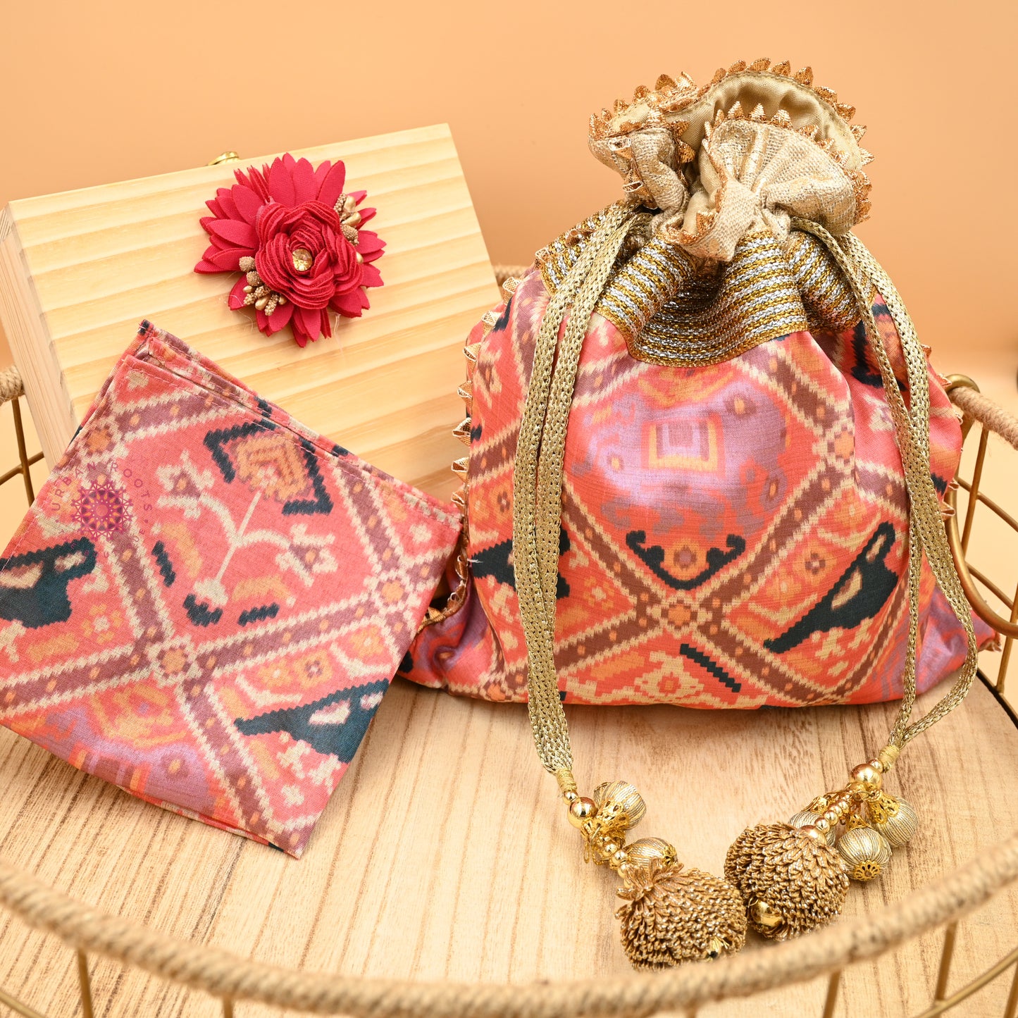 Patola Silk Hand Potli And Pocket Square Gift Set - Urban Roots