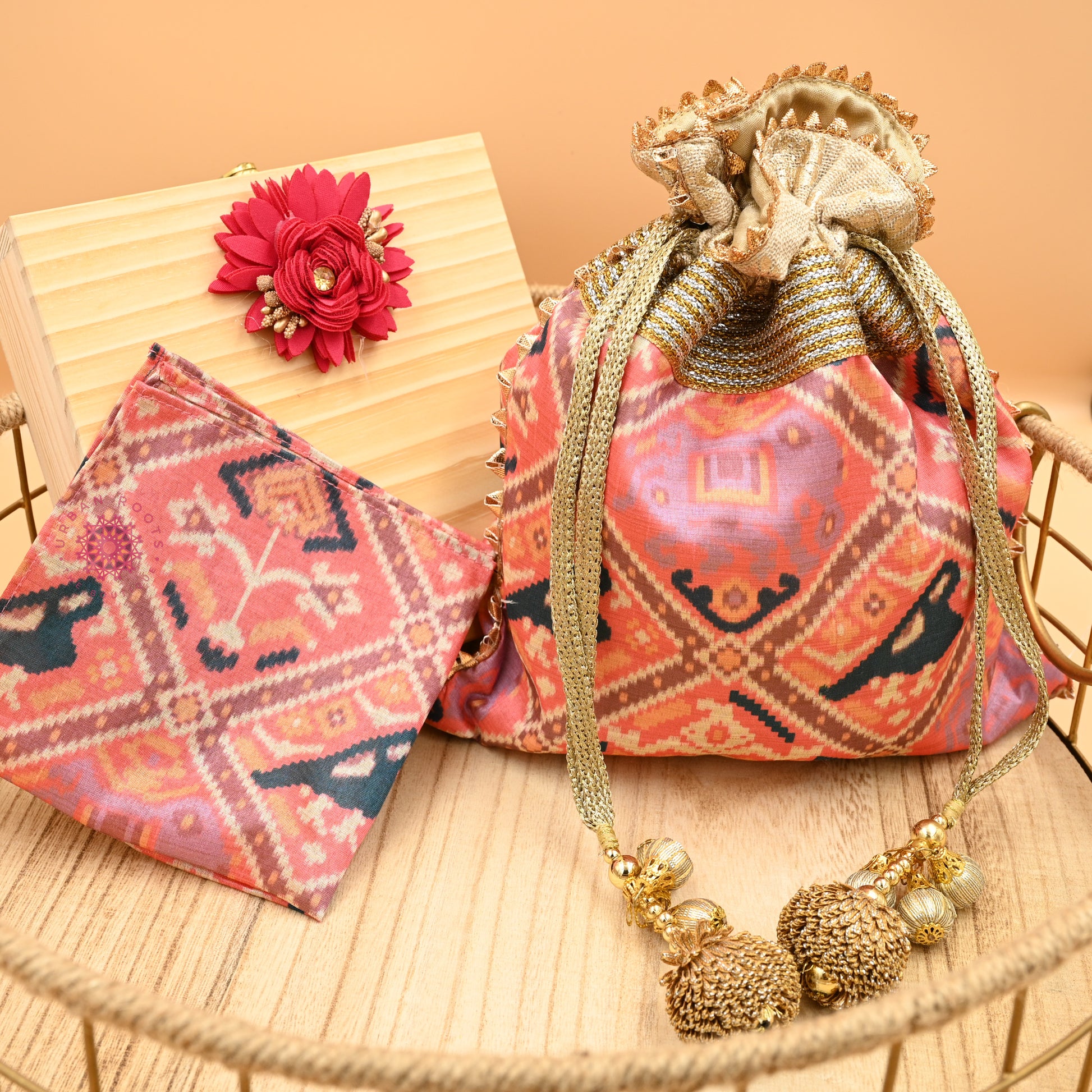 Patola Silk Hand Potli And Pocket Square Gift Set - Urban Roots